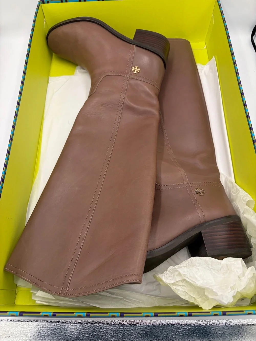 Tory Burch Fulton Leather Riding Boots Gold Logo Women's Knee-High Boots size 8